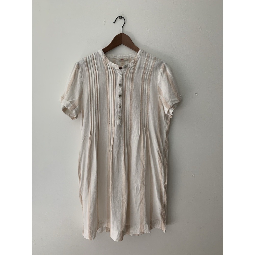 Faherty Gemina Pintuck Dress In Valletta Stripe 100% Linen M Relaxed Coastal